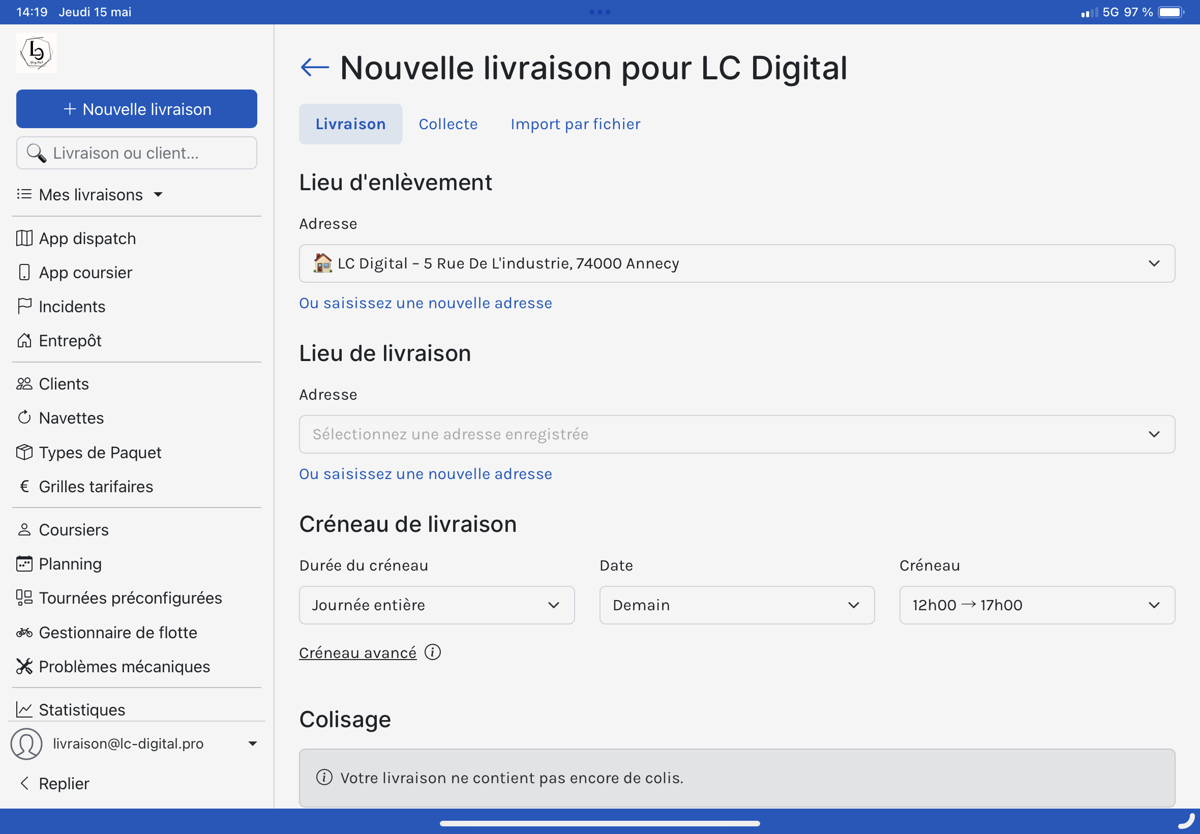 Interface client pour le suivi de livraison